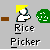 Pixel art icon of a figure with yellow head covering holding green rice plant, labeled 'Rice Picker' below, on gray background with brown accents.