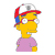 Yellow-skinned cartoon character wearing red and white cap, blue ear flap, and pink shirt with visible teeth and open mouth.