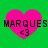 Four identical pink heart-shaped icons with black text 'MARQUES' and '<3' on a green background, arranged in a