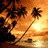 Animated beach scene with palm trees and sunset background, displaying sequential text: 'I'm', 'st.', 'To', 'Thomas', 'Going', 'omg', 'soo', 'excited!' in yellow pixelated font.