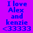 Pixelated text on a purple background with alternating pink and purple horizontal bands, displaying 'I love Alex and kenzie <33333' in blue and white lettering.