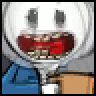 Pixelated static icon of a cartoon character with red goggles, gray ears, blue lower body, and brown accents against a light background.