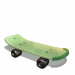 Green skateboard with black wheels shown from multiple angles including top, side, and underside views against white background.