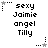 Pixelated text displays 'sexy Jaimie angel Tilly' with star symbols in a , showing animation changes between static and glowing states