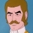Pixelated cartoon-style portrait of a man with light brown hair, mustache, and serious expression against solid blue background.