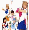 A static image of a character in a white top and blue skirt holding a pink object, surrounded by smaller characters in blue and pink outfits, with red text reading "Magical" and "Senshi" at the bottom.