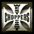Two side-by-side pixelated frames of a silver cross-shaped icon with the word "CHOPPERS" in blocky text across its horizontal arms, displayed on a gray background.