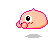 Pixelated peach-colored character with pink outline, black eyes, red cheeks, and small orange nose, shown in multiple poses with a floating orange sphere.