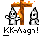 Pixel art animation of two white figures beside a wooden cross, with flames on the cross and ground, and text below reading "KK-Aagh!" in black pixel font.