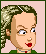 Pixelated cartoon character in green dress holding red rose, with changing facial expressions and partial body views
