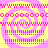 Four identical spiral patterns arranged in a on a yellow background, each with pink and purple concentric spirals and pink dotted lines
