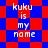 Pixelated text 'kuku is my name' on red and blue checkered background with diamond-shaped pattern variations.
