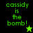 Green pixelated text 'cassidy is the bomb!' on black and green backgrounds with star symbols, displayed in a split-screen layout.