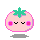 A 4-frame pixel art animation of a pink tomato-shaped character with green stem, closed eyes, and pink cheeks in various poses across four sampled frames.