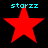 Four red five-pointed stars arranged in a on black background, each with cyan text above reading 'starzz' and varying star size