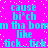 Pixelated cyan text on bright pink background with white speckles, repeating phrases and symbols in a