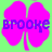 A 4-frame contact sheet of a pink four-leaf clover icon with purple text "brooke" over green background, showing animation frame differences in leaf shape and text visibility.