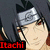 Pixelated anime-style character with dark hair and silver headband, red text 'Itachi' below in black rectangle.