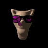 A 3D-rendered cat-like head with purple-tinted sunglasses rotates through multiple angles against a black background.