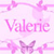 Pixelated pink icon with 'Valerie' text, butterflies, and striped borders on a light pink background.