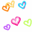 Pixelated heart icons in orange, blue, pink, green, and purple on white background; pink text 'conrad', 'amanda', 'luv' with symbols on bright pink background.