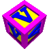 A 5x5 contact sheet of animated frames showing a rotating cube with blue 'V' symbols on yellow faces and pink borders against a gray background.