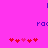 Pixelated icon with bright pink background, purple vertical lines at top center and right edge, blue text fragments "roc" and partial "roo", red heart symbols in two groups of five.