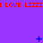 Purple background with red text repeating 'I LOVE LIZZI' across three horizontal bands, blue symbols scattered throughout.