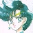 Pixelated anime-style character with teal hair, white face, and green eyes, wearing a white top with brown accents, static image.