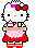 Pixelated Hello Kitty avatar with red bow, pink dress, and white apron, holding a tray; right-side version has closed eyes and pink heart.