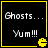 Four identical black square with yellow borders display white pixelated text 'Ghosts... Yum!!!' and a yellow Pac-Man icon in the bottom-right corner of each