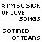 Animated contact sheet of a text-based animation showing the phrase "I'M SO SICK OF LOVE SONGS" forming and deforming across 25 sampled frames with varying letter clarity, partial text fragments, and handwritten-style script transitions.