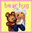 Pixel art buddy icon showing a cartoon character hugging a teddy bear against a yellow background with pink border and text.
