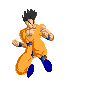 Pixelated character in orange martial arts uniform with blue accents, shown in two sequential poses against gray background.