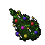 Pixelated green Christmas tree with red, purple, blue, and yellow ornaments; white candle-like accents; two identical static frames side-by-side.