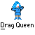 Pixel art contact sheet of six animated frames showing a blue drag queen character with curly hair, red lips, and changing outfit details against gray background.