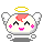 A 3x3 contact sheet of an animated pixel art angel icon with varying expressions and wing positions across eight sampled frames, featuring a white rounded body, pink blush marks, yellow halo, small wings, and gray drop shadow on a transparent background.