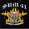 Animated sequence of a black background with a central star-shaped flame design featuring a skeleton holding crossed swords, surrounded by 'Sum 41' text above and 'The Hell Song' text below.