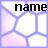 Pixelated icon with purple border and pink/white geometric shapes, featuring black text reading 'name' at top center.