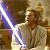 Pixelated static image of a character holding a glowing blue lightsaber against a brown background with visible dithering and low-resolution artifacts.