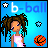 Animated pixel art contact sheet showing a character with brown dreadlocks in a white tank top against a blue background, with "b-ball" text and basketball/symbols changing across six frames.