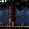 Pixel art scene of a large twisted tree with mossy patches in a dark forest, featuring blue-toned background trees and green ground cover.