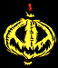 Animated yellow pumpkin with jagged edges and red eyes, displaying sequential facial expressions against a black background.