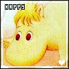 A 100x100 pixel animated buddy icon featuring a yellow cartoon character with red eyes and blonde hair, displayed in two sequential frames showing slight animation changes.