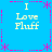 Blue background with repeated 'I Love Fluff' text in yellow, pink asterisks and dotted lines forming a pattern