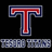A pixelated red 'T' with blue and white outlines above gray blocky text on a black background.