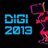Pixelated blue text 'DIGI 2013' on dark background with pink and purple abstract shapes to the right.