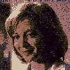 Six pixelated portrait of a woman with changing hair color and background hues arranged in a