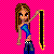 Pixel art buddy icon featuring a female character with long brown hair holding a skateboard against a bright pink background, with text reading 'skater chic' and a separate skateboard graphic below the text.