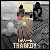 A triptych-style static image shows three vertical panels on a wooden deck: left panel has white balloons, center panel has a person holding colorful balloons, right panel has a seated person.